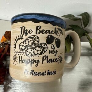 Beach Coffee Mug The Beach is my Happy Place Blue Trim Ceramic Mugs Vacay Gift